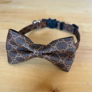Cat Collar Lux Vegan Leather Bow Necklace Pet Brown Tan Bowtie